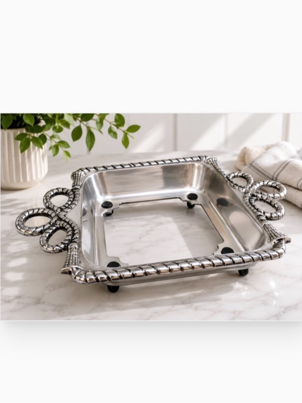 VTG Square Cast Aluminum Casserole Holder Rope Twist Design Handles Border 8.5"